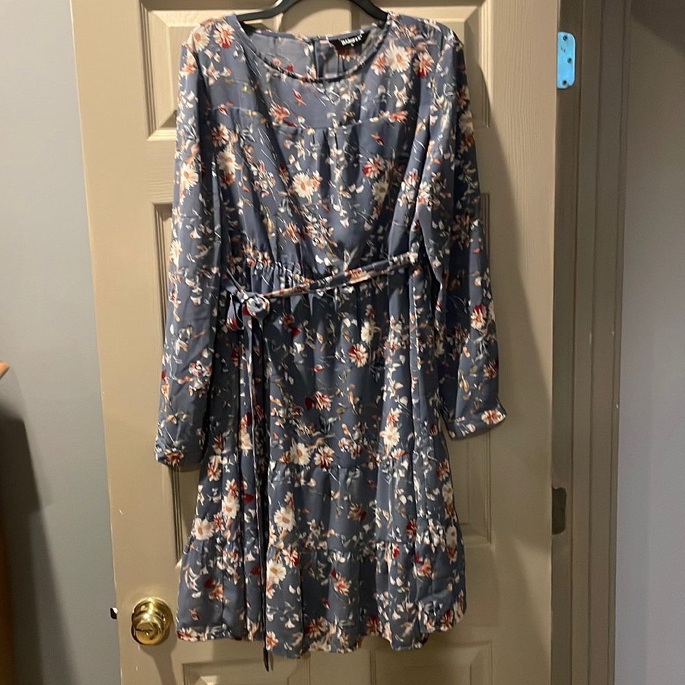 Navy Floral Long-Sleeve Belted Women’s Dress
